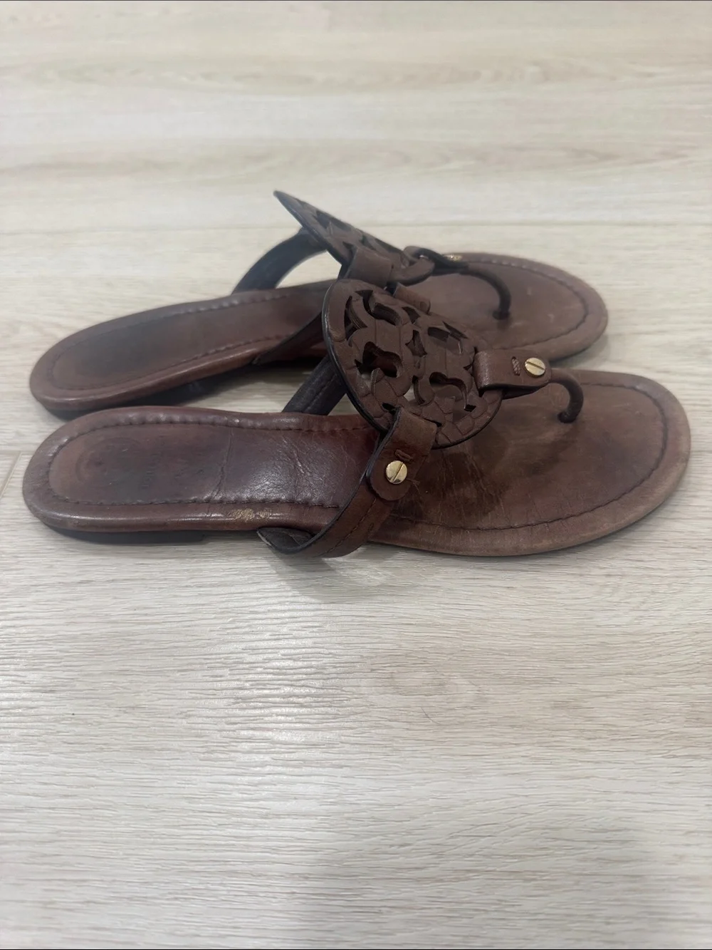 Tory Burch Brown Leather Logo Thong Sandals